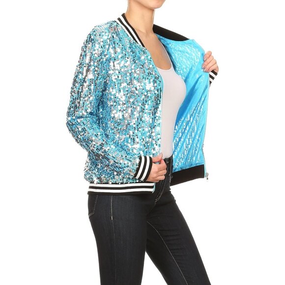 Brand New Women Blue Polyester Anna-Kaci Sequin Long Sleeve Front Zip Jacket Rib - Picture 4 of 6